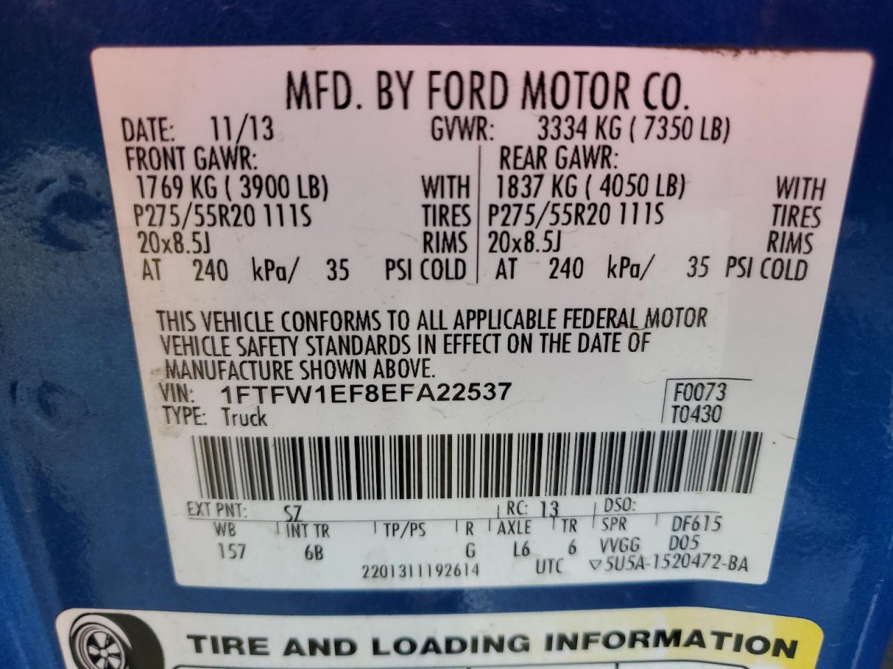 2014 Ford F150 Supercrew VIN: 1FTFW1EF8EFA22537 Lot: 45171895