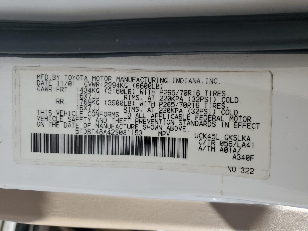 5tdbt48a42s081153 5TDBT48A42S081153 2002 Toyota Sequoia Limited