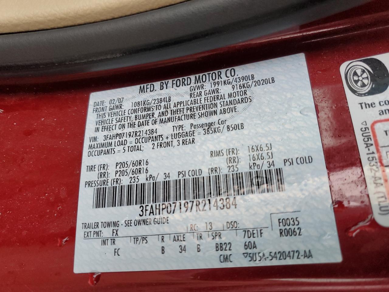 2007 Ford Fusion Se VIN: 3FAHP07197R214384 Lot: 45150395