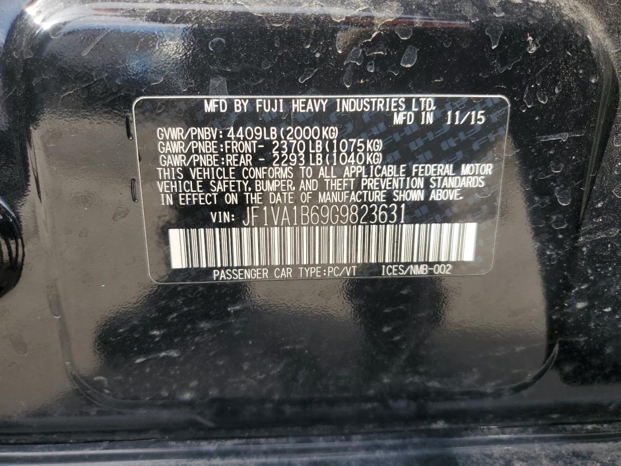2016 Subaru Wrx VIN: JF1VA1B69G9823631 Lot: 43454675