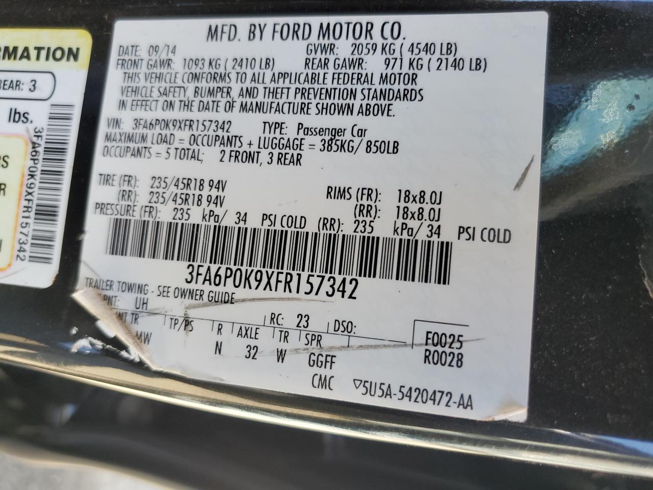 2015 Ford Fusion Titanium VIN: 3FA6P0K9XFR157342 Lot: 49381655