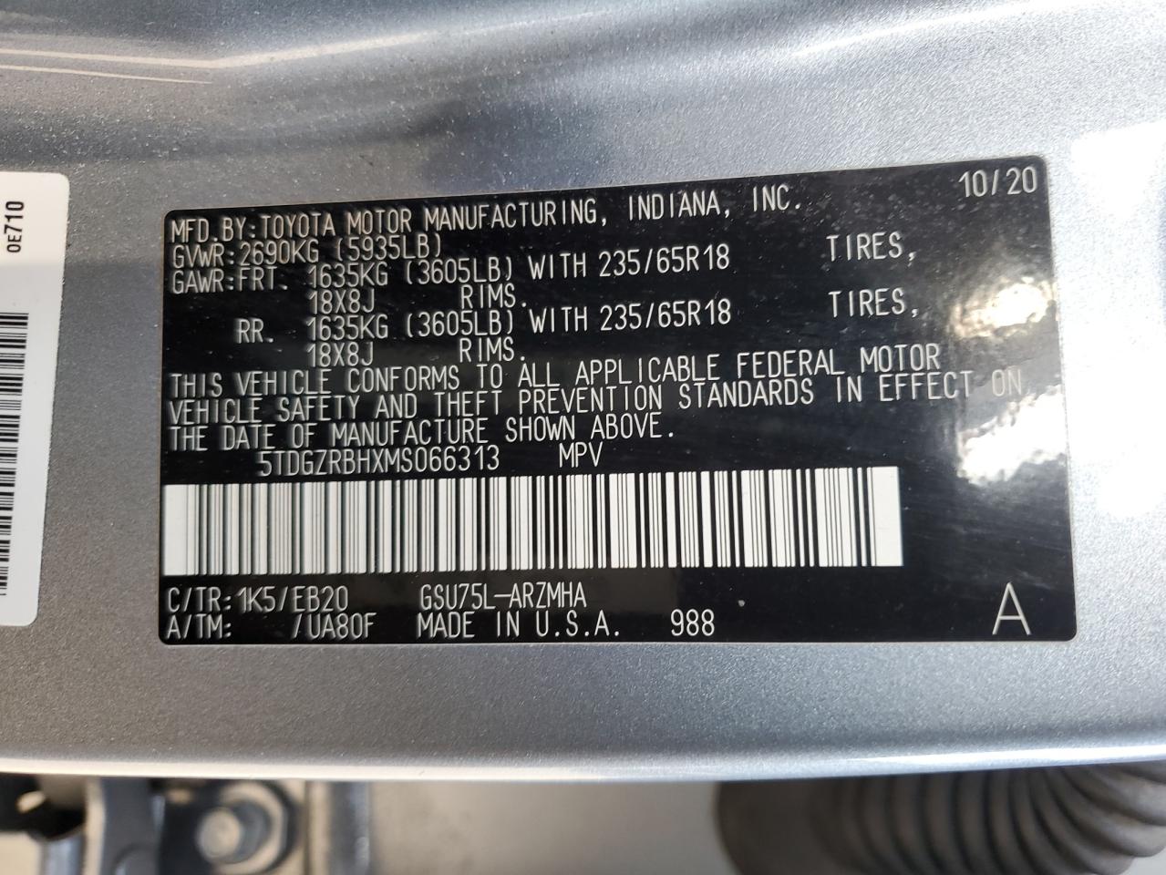 2021 Toyota Highlander VIN: 5TDGZRBHXM5S06631 Lot: 46827455