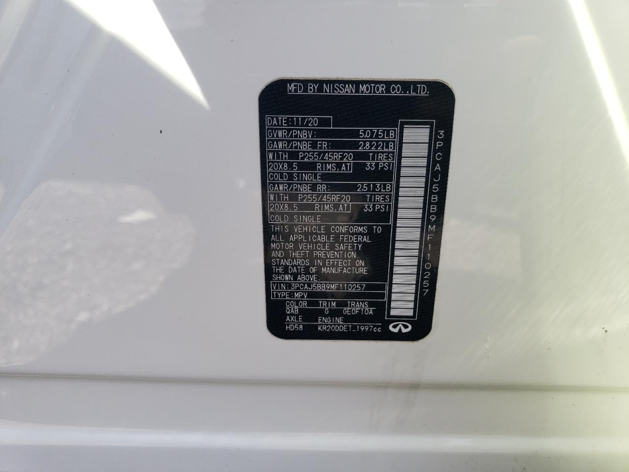 2021 Infiniti Qx50 Luxe VIN: 3PCAJ5BB9MF110257 Lot: 47534425