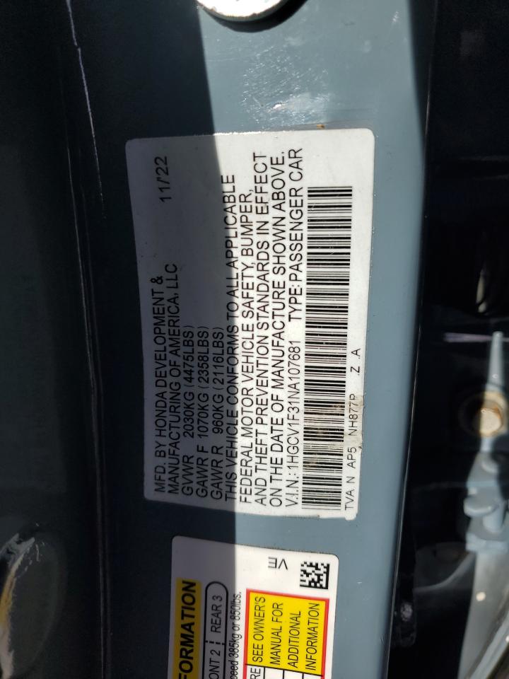 2022 Honda Accord Sport VIN: 1HGCV1F31NA107681 Lot: 44134475