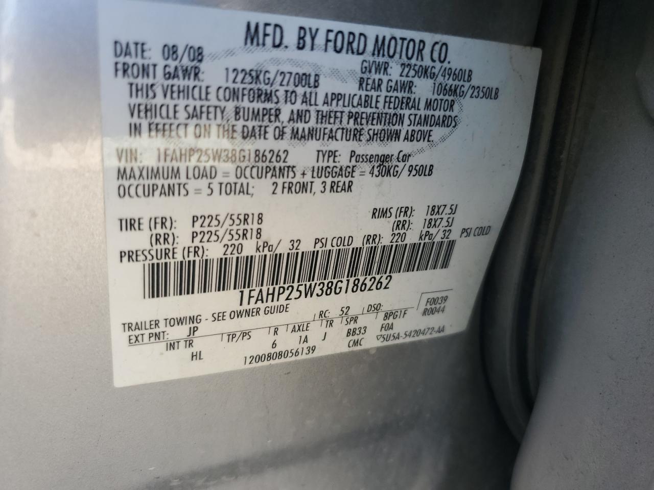 2008 Ford Taurus Limited VIN: 1FAHP25W38G186262 Lot: 44364075