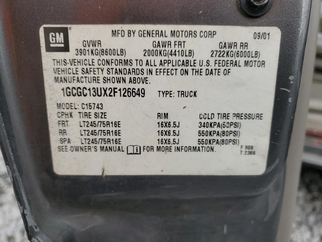 2002 Chevrolet Silverado C1500 Heavy Duty VIN: 1GCGC13UX2F126649 Lot: 70582115