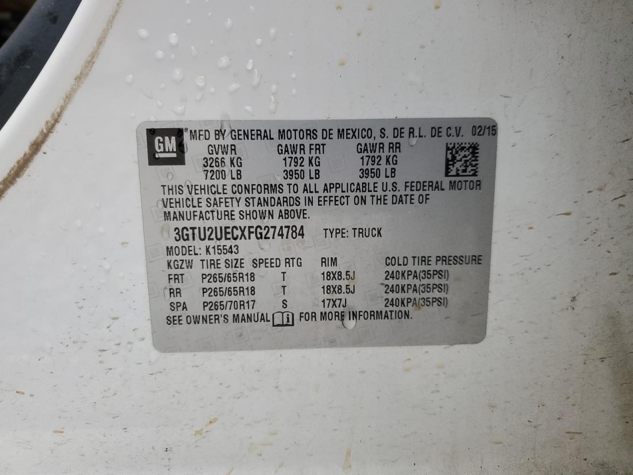 2015 GMC Sierra K1500 Sle VIN: 3GTU2UECXFG274784 Lot: 45050515