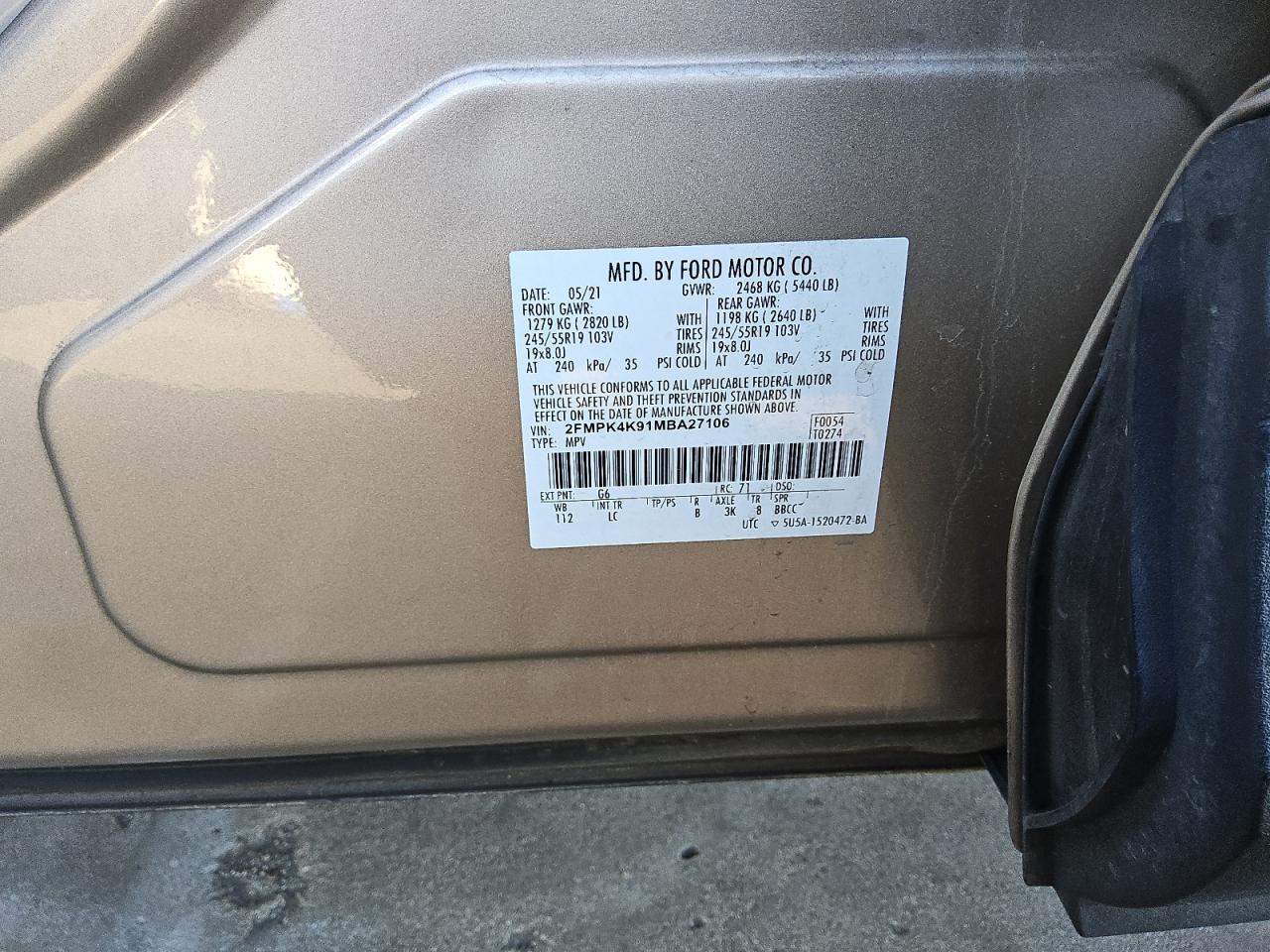 2FMPK4K91MBA27106 FORD EDGE 2021