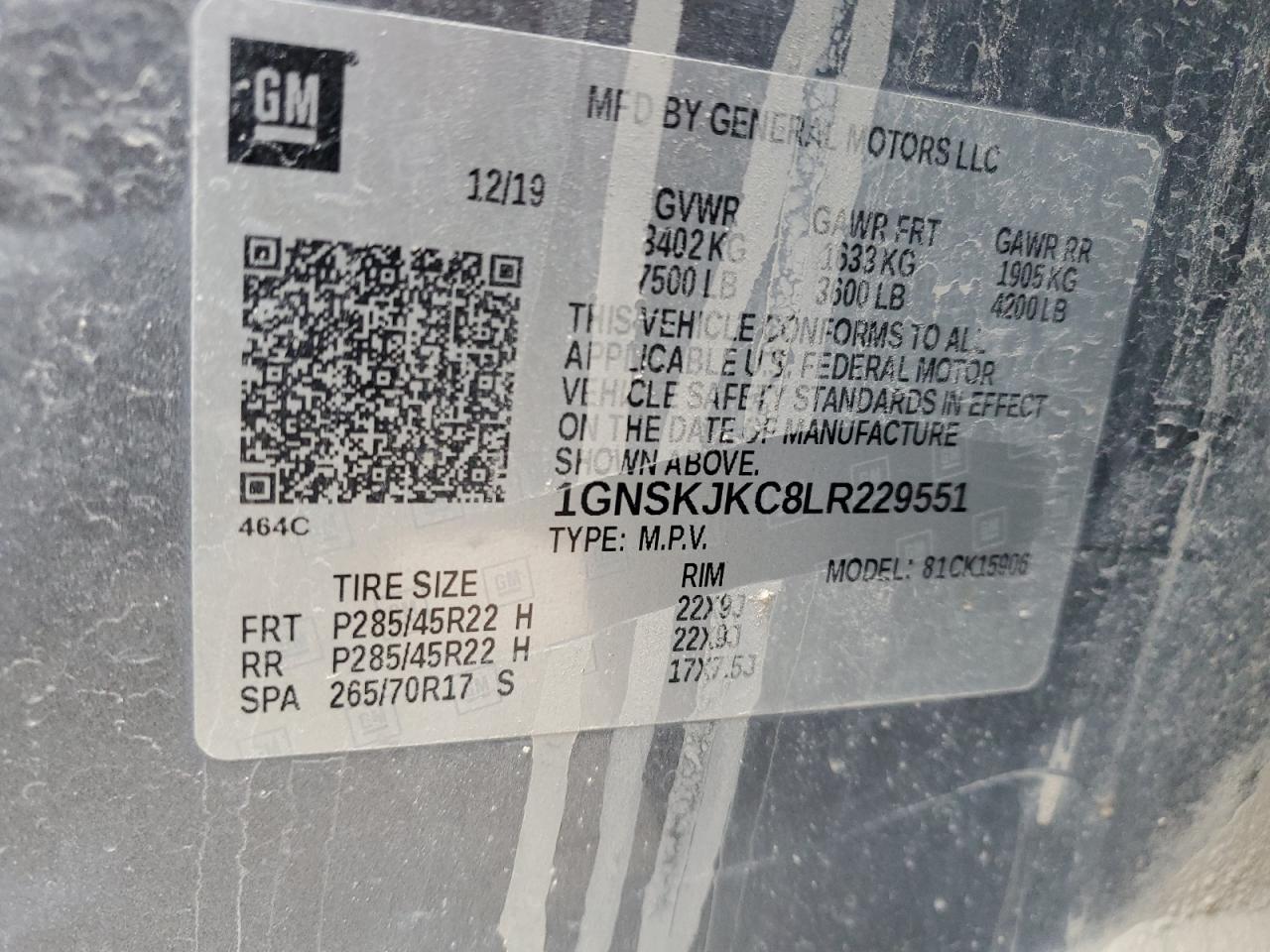 1gnskjkc8lr229551 1GNSKJKC8LR229551 2020 Chevrolet Suburban K1500 Premier
