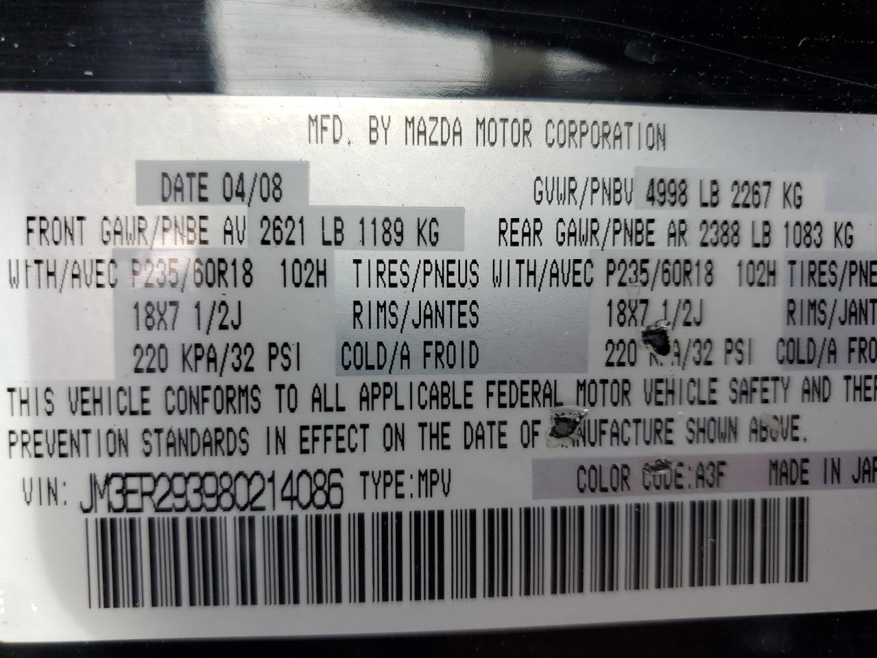 2008 Mazda Cx-7 VIN: JM3ER293980214086 Lot: 46286355