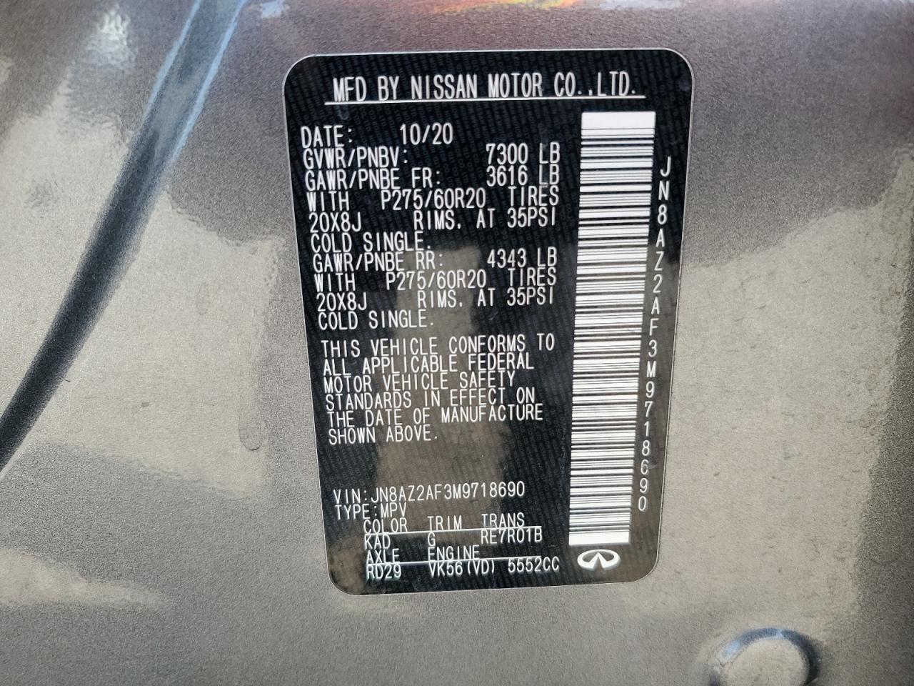 VIN: JN8AZ2AF3M9718690 Auction: COPART Lot: 43811315 Location: TX - HOUSTON EAST VIN: JN8AZ2AF3M9718690 INFINITI QX80 2021 GRAY Photo 13