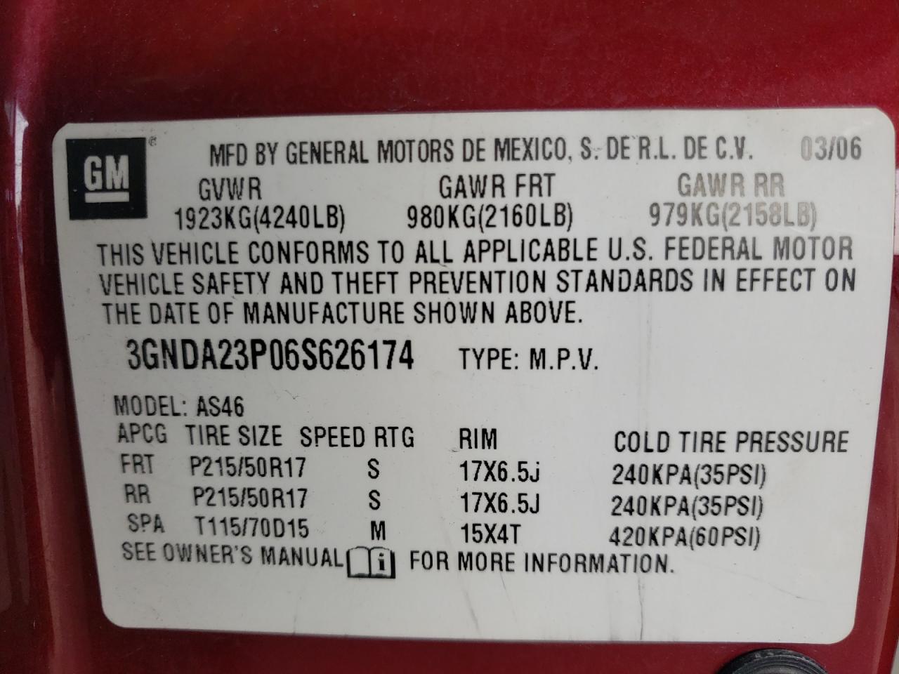 3gnda23p06s626174 3GNDA23P06S626174 2006 Chevrolet Hhr Lt