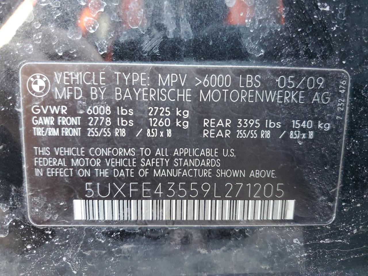 2009 BMW X5 xDrive30I VIN: 5UXFE43559L271205 Lot: 47458375