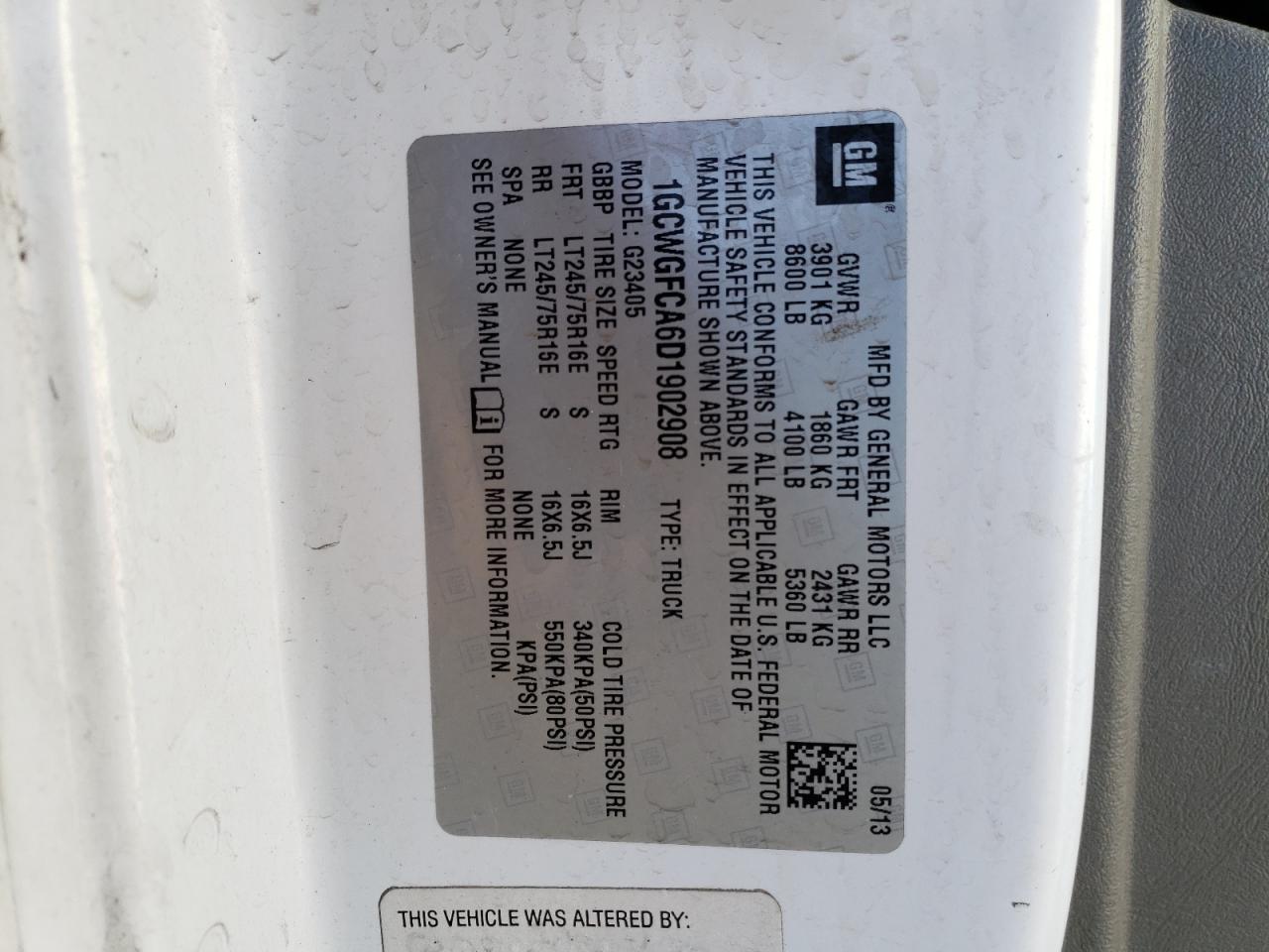 2013 Chevrolet Express G2500 VIN: 1GCWGFCA6D1902908 Lot: 43169375