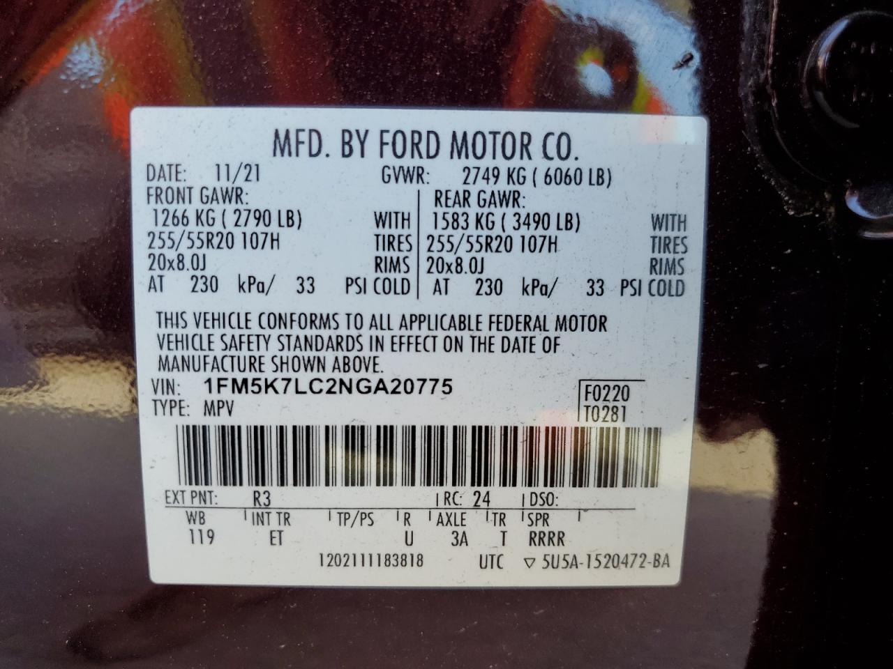 VIN: 1FM5K7LC2NGA20775 2022 FORD EXPLORER
