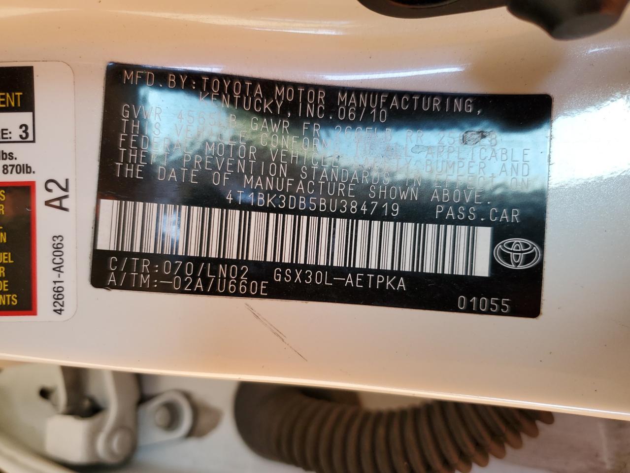 2011 Toyota Avalon Base VIN: 4T1BK3DB5BU384719 Lot: 45351585