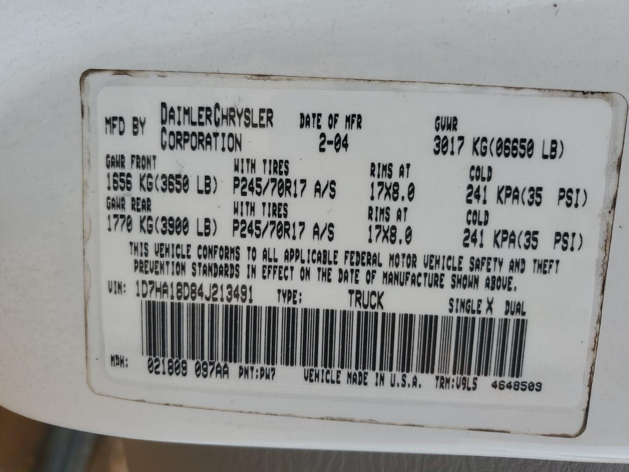 2004 Dodge Ram 1500 St VIN: 1D7HA18D84J213491 Lot: 43766235