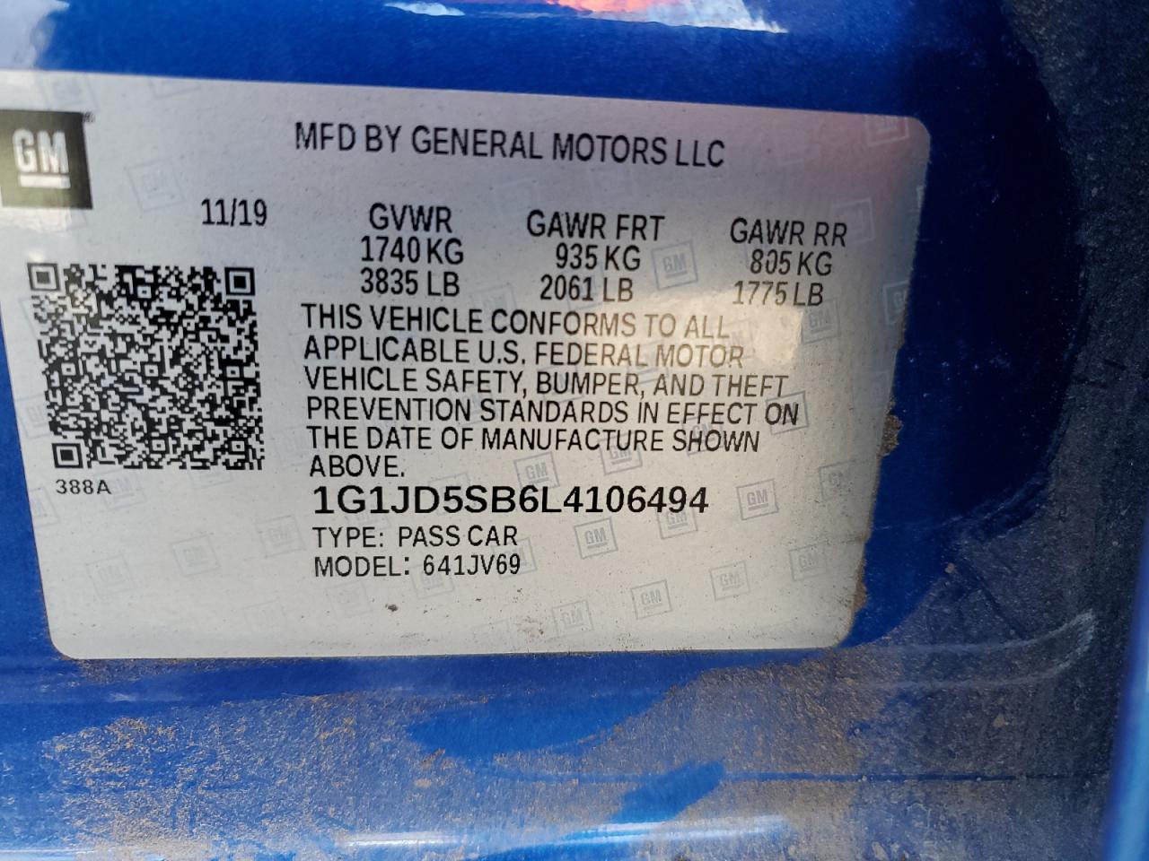 2020 Chevrolet Sonic Lt VIN: 1G1JD5SB6L4106494 Lot: 45418035