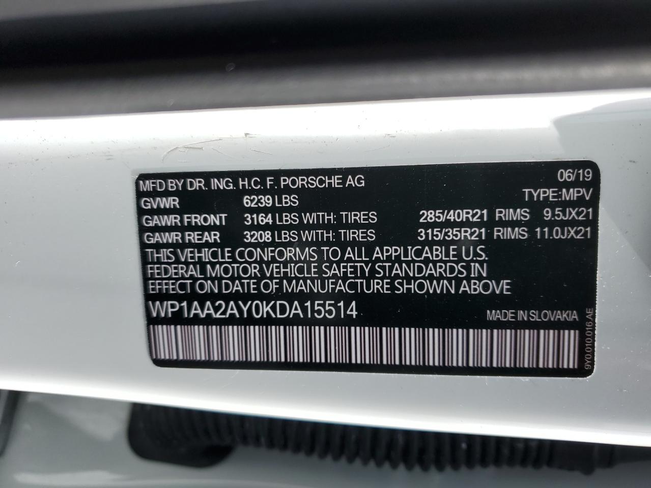 2019 Porsche Cayenne VIN: WP1AA2AY0KDA15514 Lot: 45489995