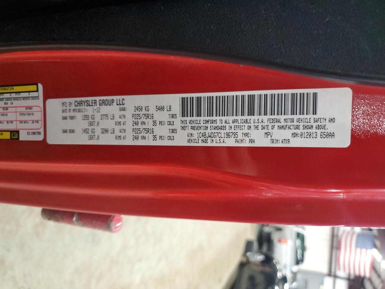 2012 Jeep Wrangler Unlimited Sport VIN: 1C4BJWDG7CL196795 Lot: 46831765