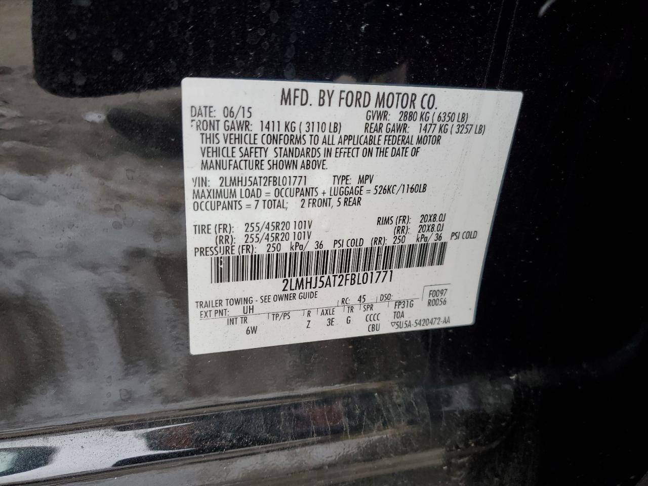 2015 Lincoln Mkt VIN: 2LMHJ5AT2FBL01771 Lot: 45933345