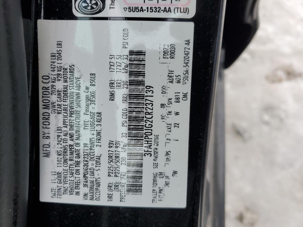 2012 Ford Fusion Sel VIN: 3FAHP0JG2CR237139 Lot: 44027095