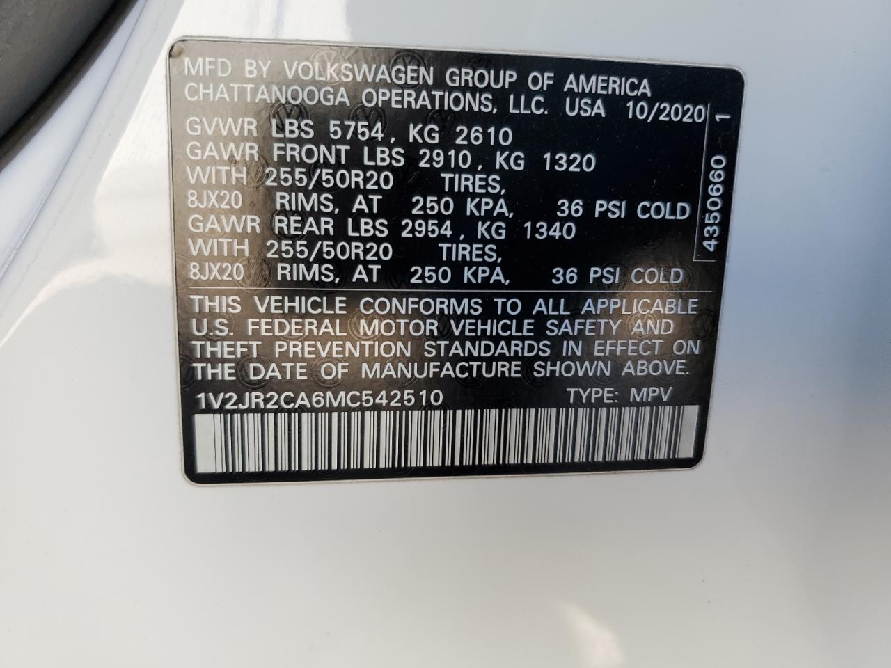 2021 Volkswagen Atlas Se VIN: 1V2JR2CA6MC542510 Lot: 47224395