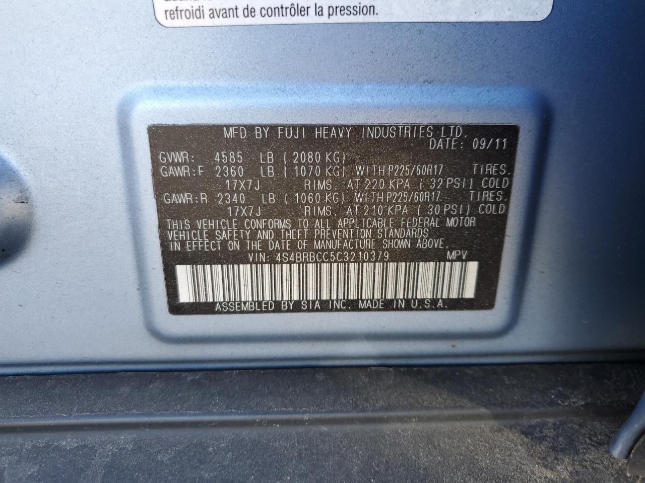 2012 Subaru Outback 2.5I Premium VIN: 4S4BRBCC5C3210379 Lot: 44547205