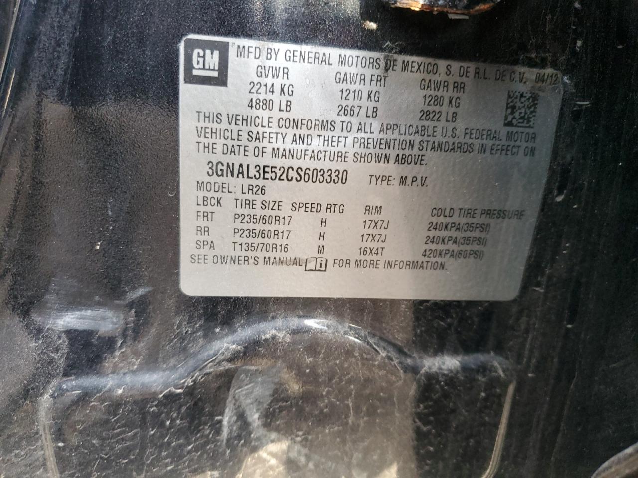 2012 Chevrolet Captiva Sport VIN: 3GNAL3E52CS603330 Lot: 46181385