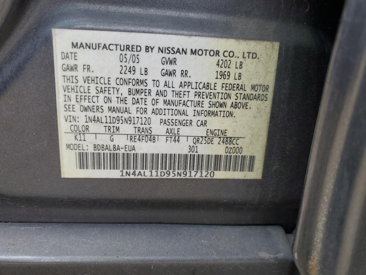 2005 Nissan Altima S VIN: 1N4AL11D95N917120 Lot: 43840555