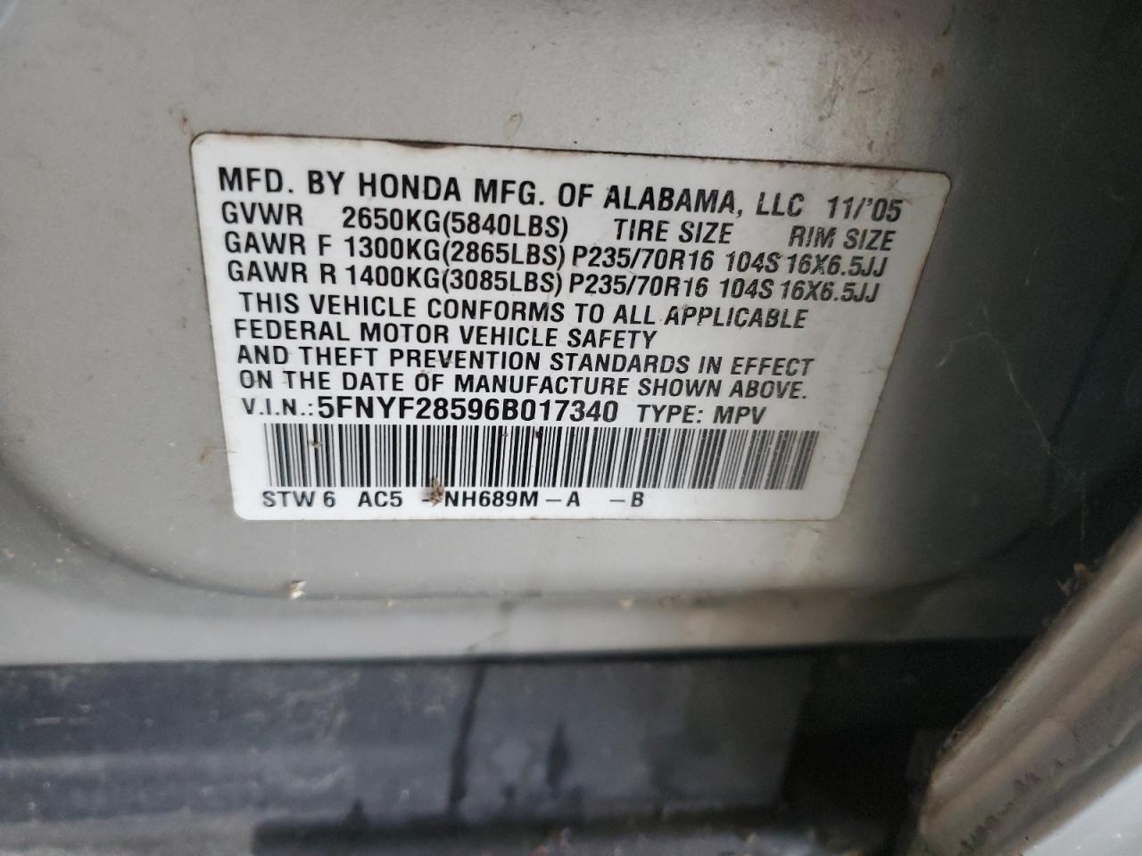 2006 Honda Pilot Ex VIN: 5FNYF28596B017340 Lot: 90095055