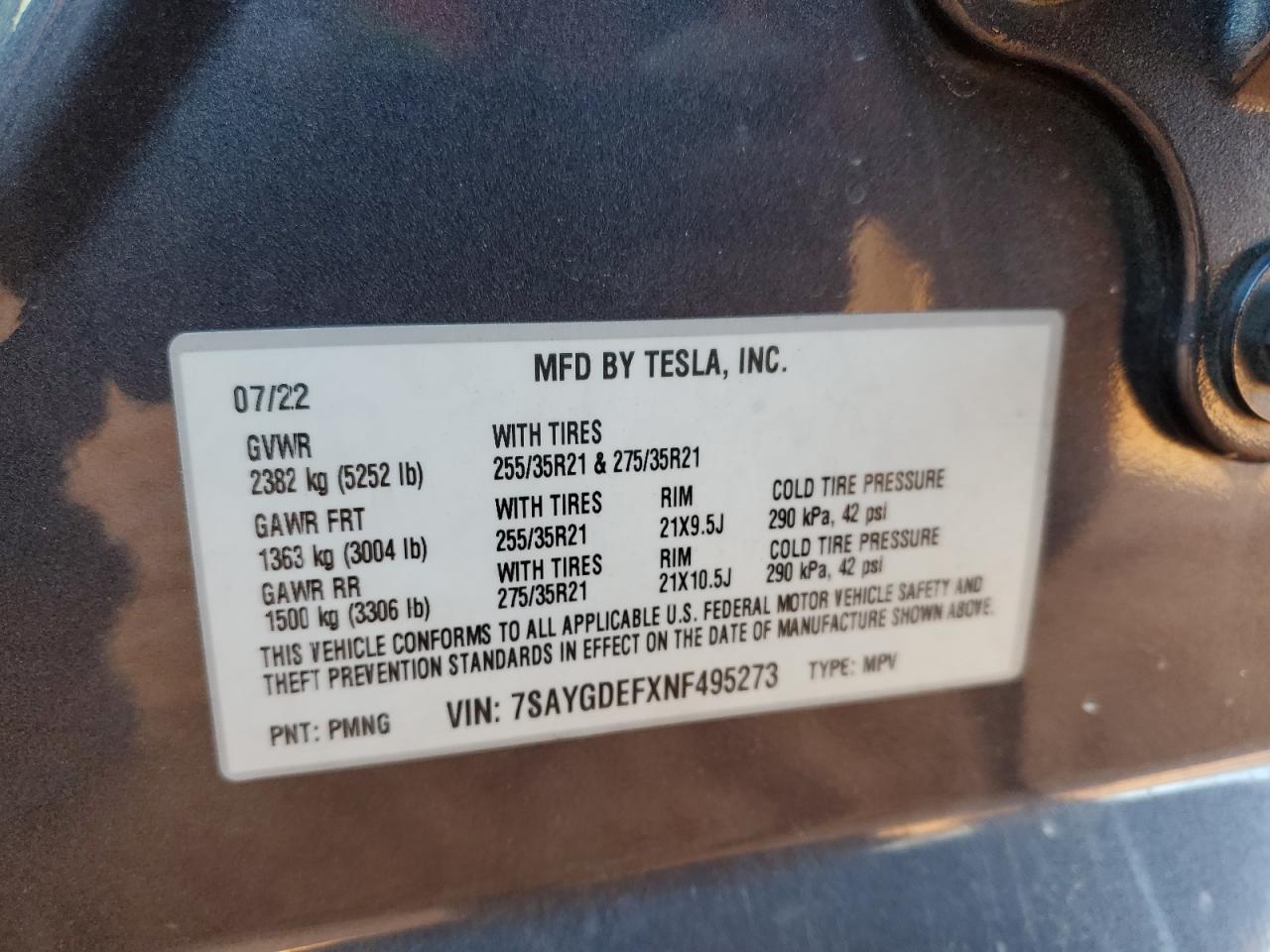 2022 Tesla Model Y VIN: 7SAYGDEFXNF495273 Lot: 66205115