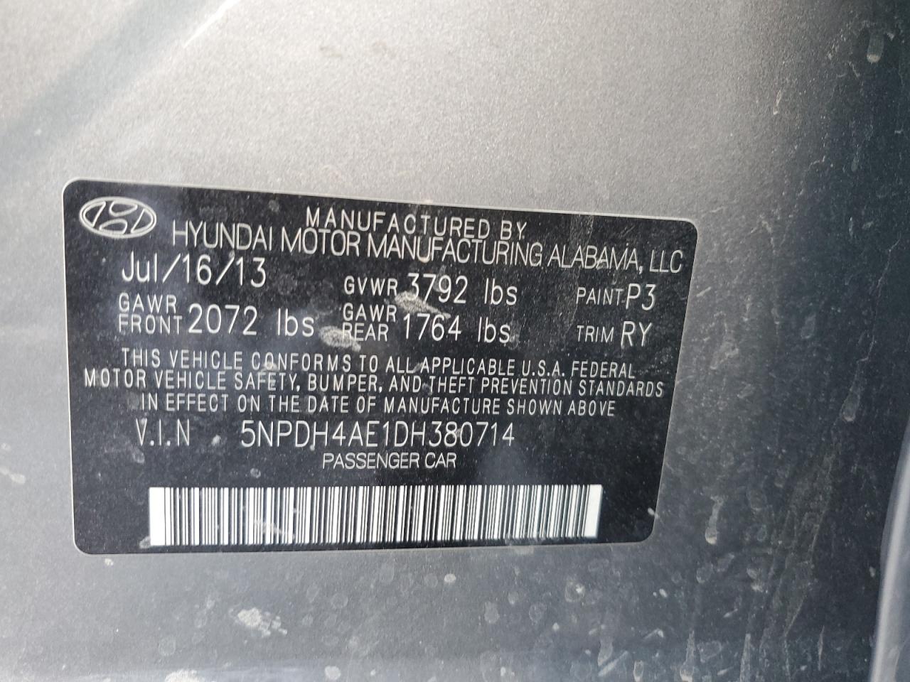 2013 Hyundai Elantra Gls VIN: 5NPDH4AE1DH380714 Lot: 43837415