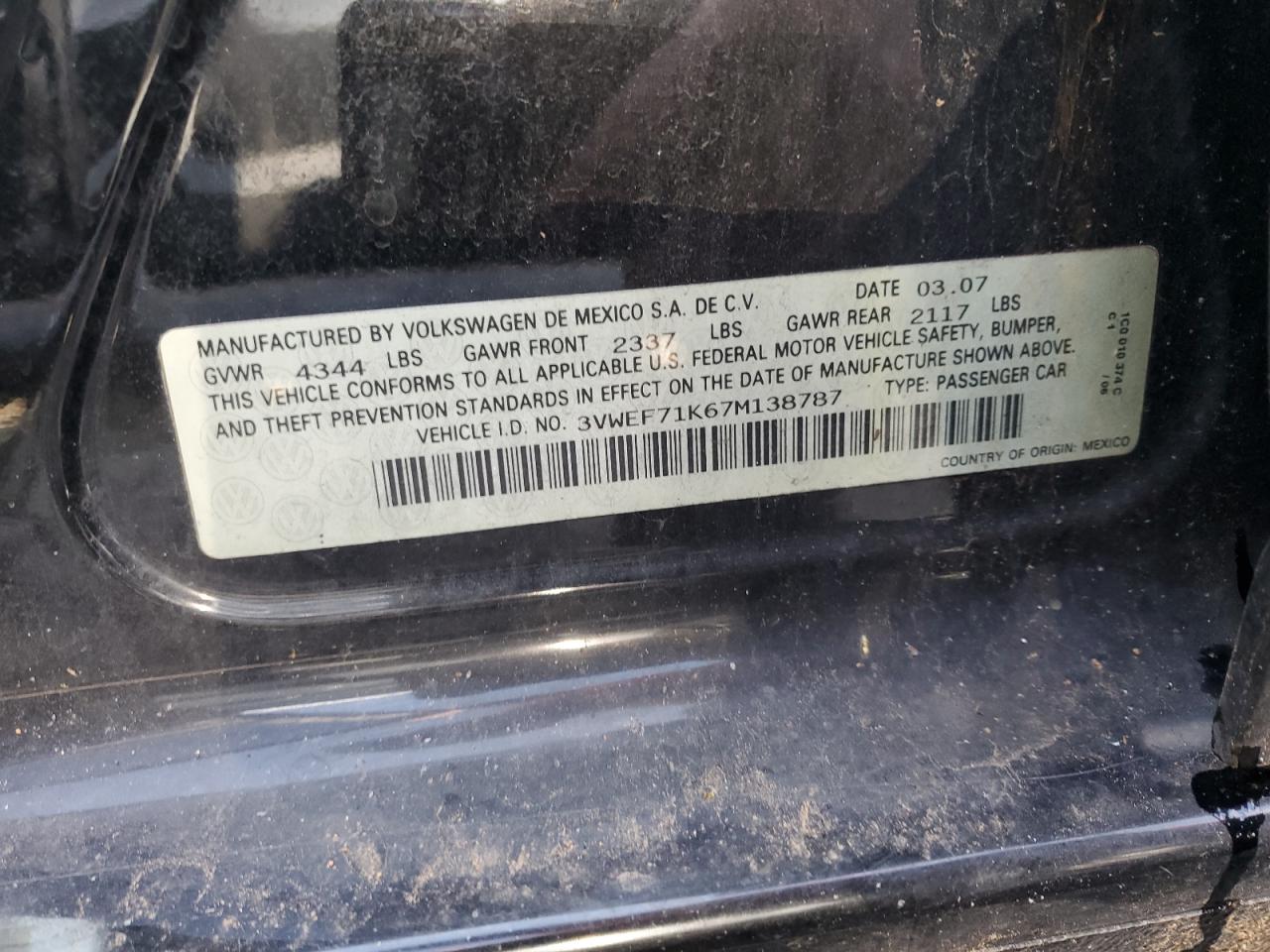2007 Volkswagen Jetta Wolfsburg VIN: 3VWEF71K67M138787 Lot: 44757765