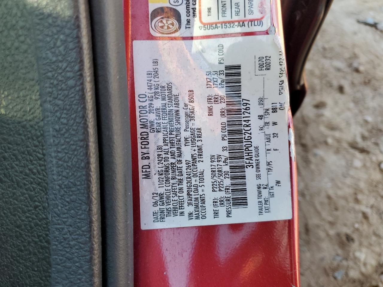 2012 Ford Fusion Sel VIN: 3FAHP0JG2CR412697 Lot: 45862295