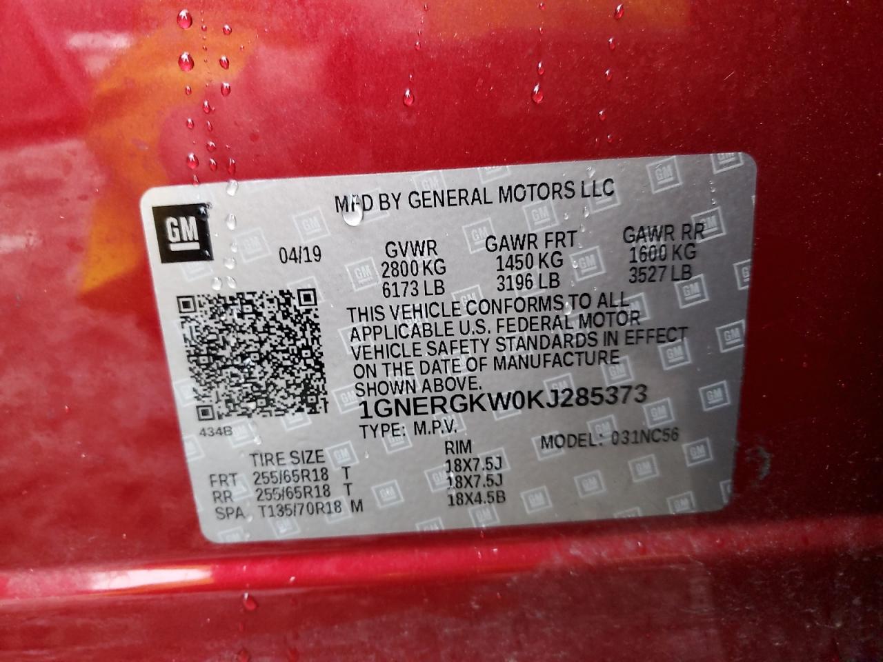 2019 Chevrolet Traverse Lt VIN: 1GNERGKW0KJ285373 Lot: 44591765