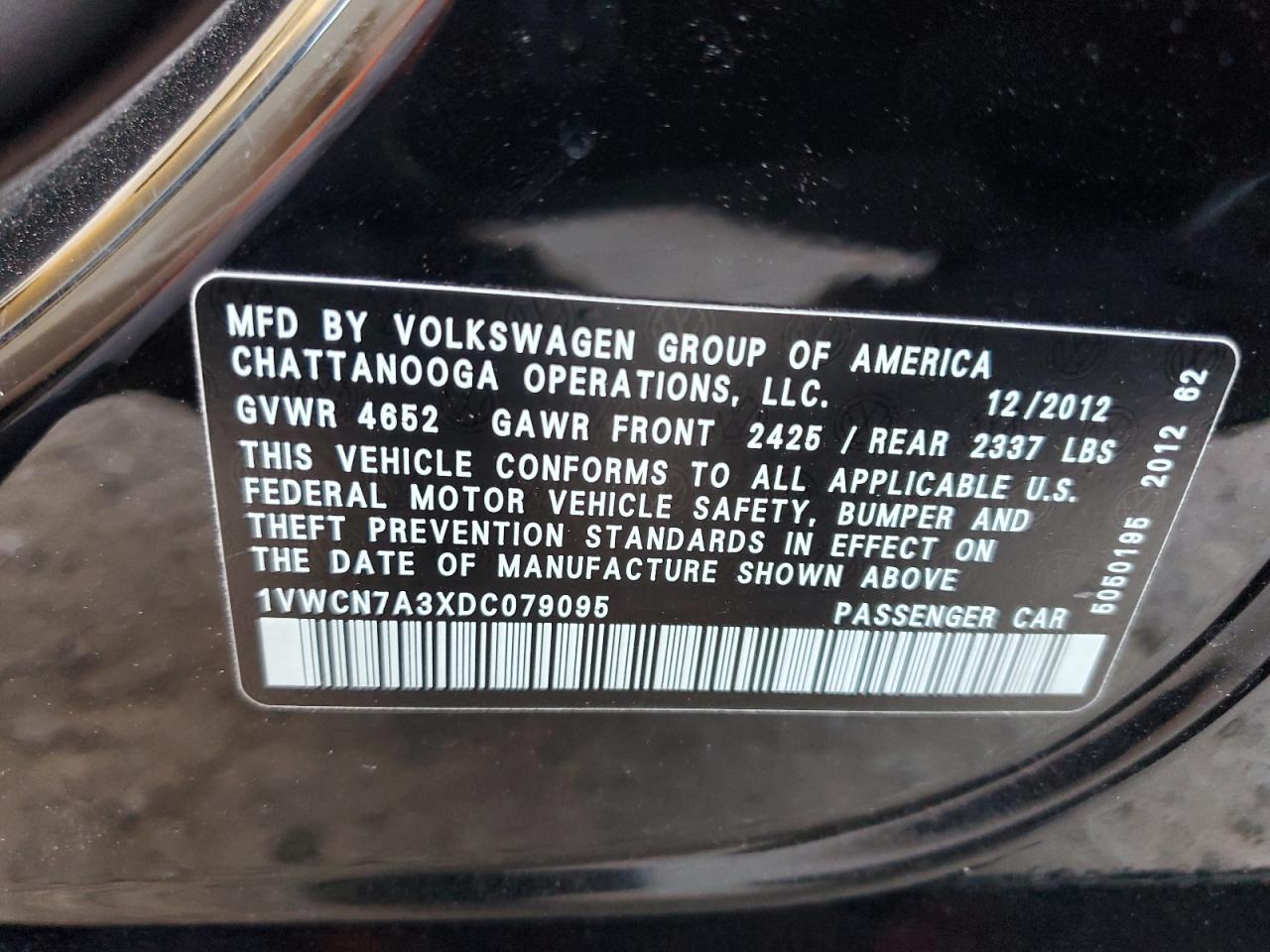 2013 Volkswagen Passat Sel VIN: 1VWCN7A3XDC079095 Lot: 46277085