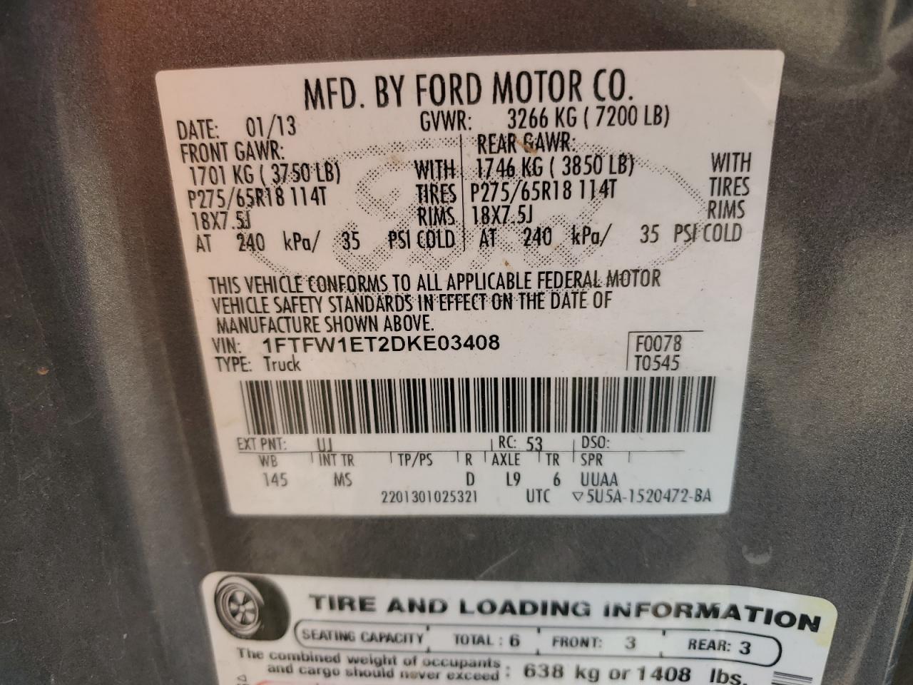 2013 Ford F150 Supercrew VIN: 1FTFW1ET2DKE03408 Lot: 45957695