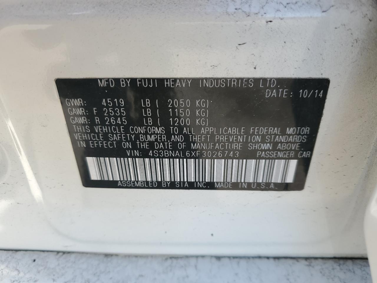 2015 Subaru Legacy 2.5I Limited VIN: 4S3BNAL6XF3026743 Lot: 46511805
