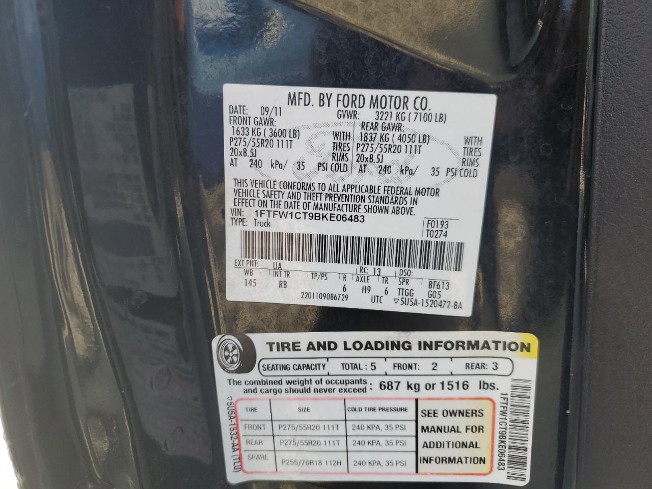 2011 Ford F150 Supercrew VIN: 1FTFW1CT9BKE06483 Lot: 44173445