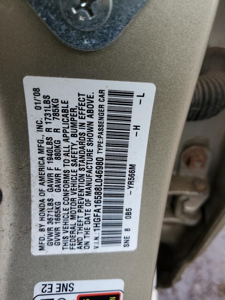 2008 Honda Civic Lx VIN: 1HGFA16588L046980 Lot: 46476455
