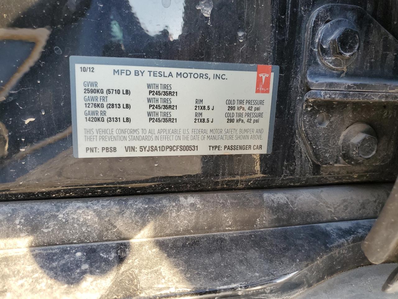 2012 Tesla Model S VIN: 5YJSA1DP9CFS00531 Lot: 46422685