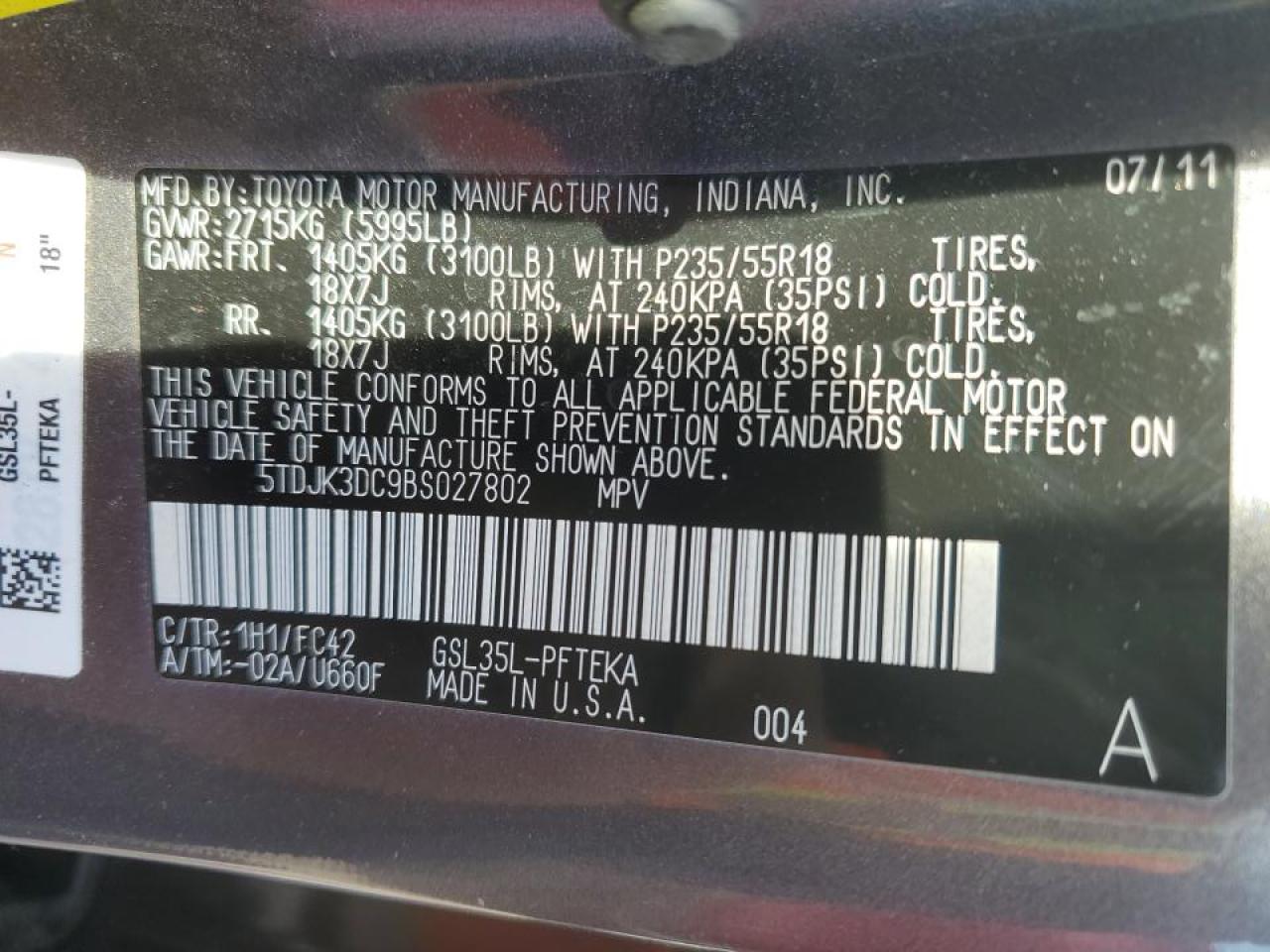 2011 Toyota Sienna Le VIN: 5TDJK3DC9BS027802 Lot: 86799414