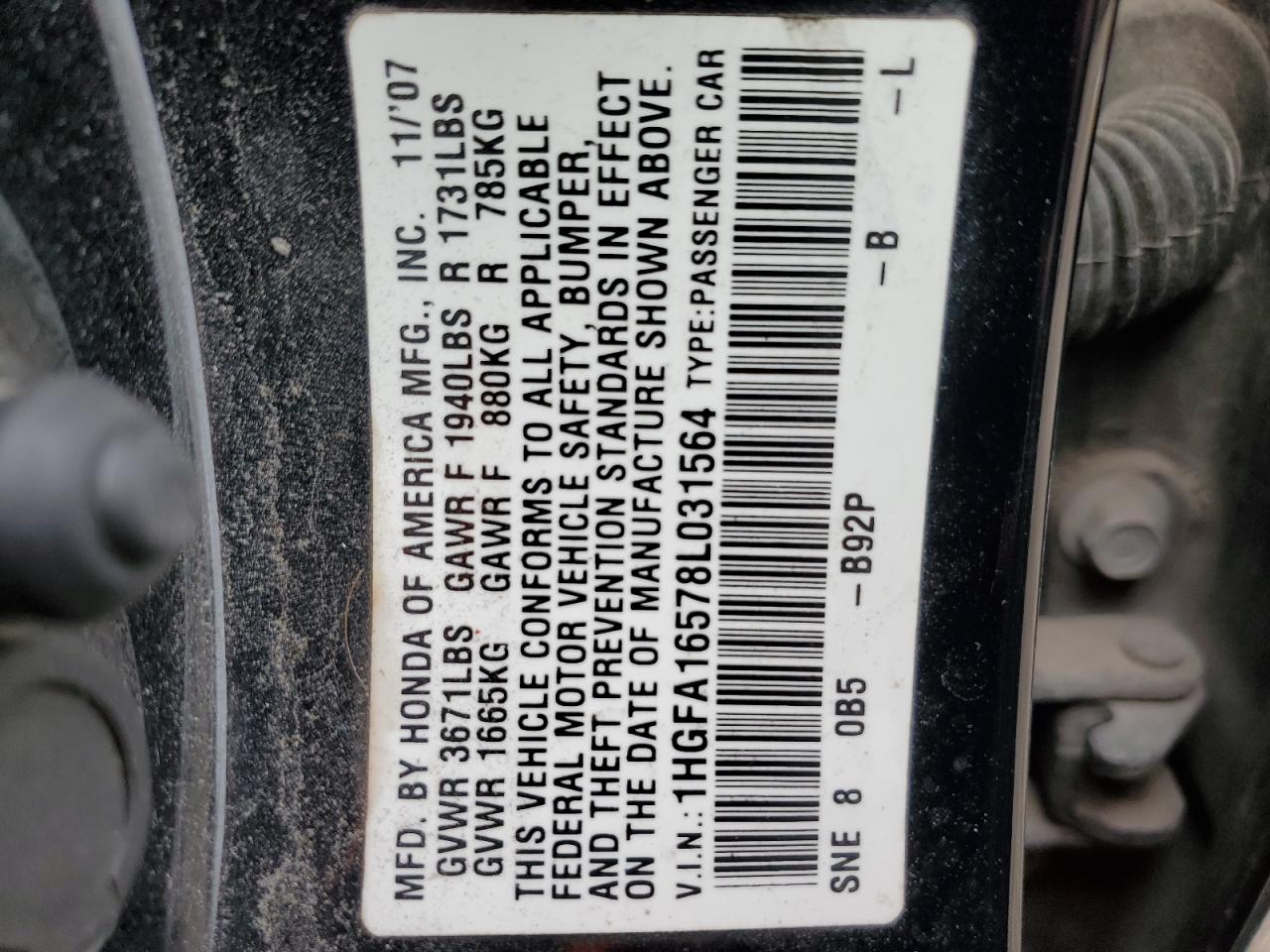 2008 Honda Civic Lx VIN: 1HGFA16578L031564 Lot: 45329875