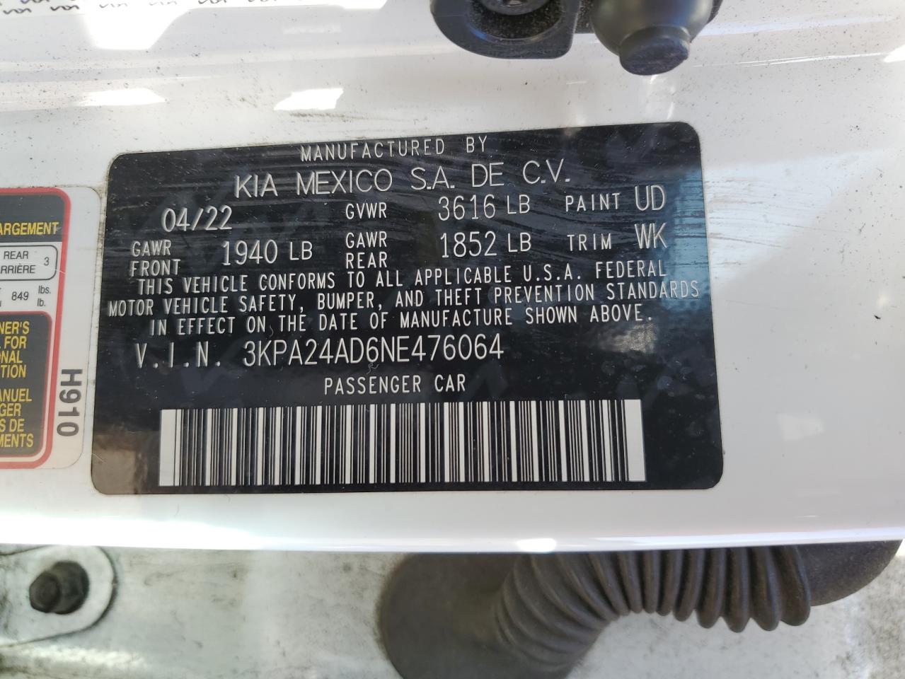 2022 Kia Rio Lx VIN: 3KPA24AD6NE476064 Lot: 45397765