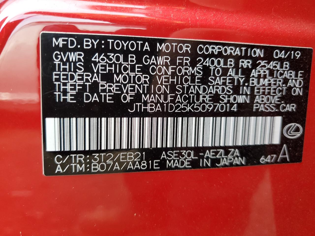 2019 Lexus Is 300 VIN: JTHBA1D25K5097014 Lot: 43835245