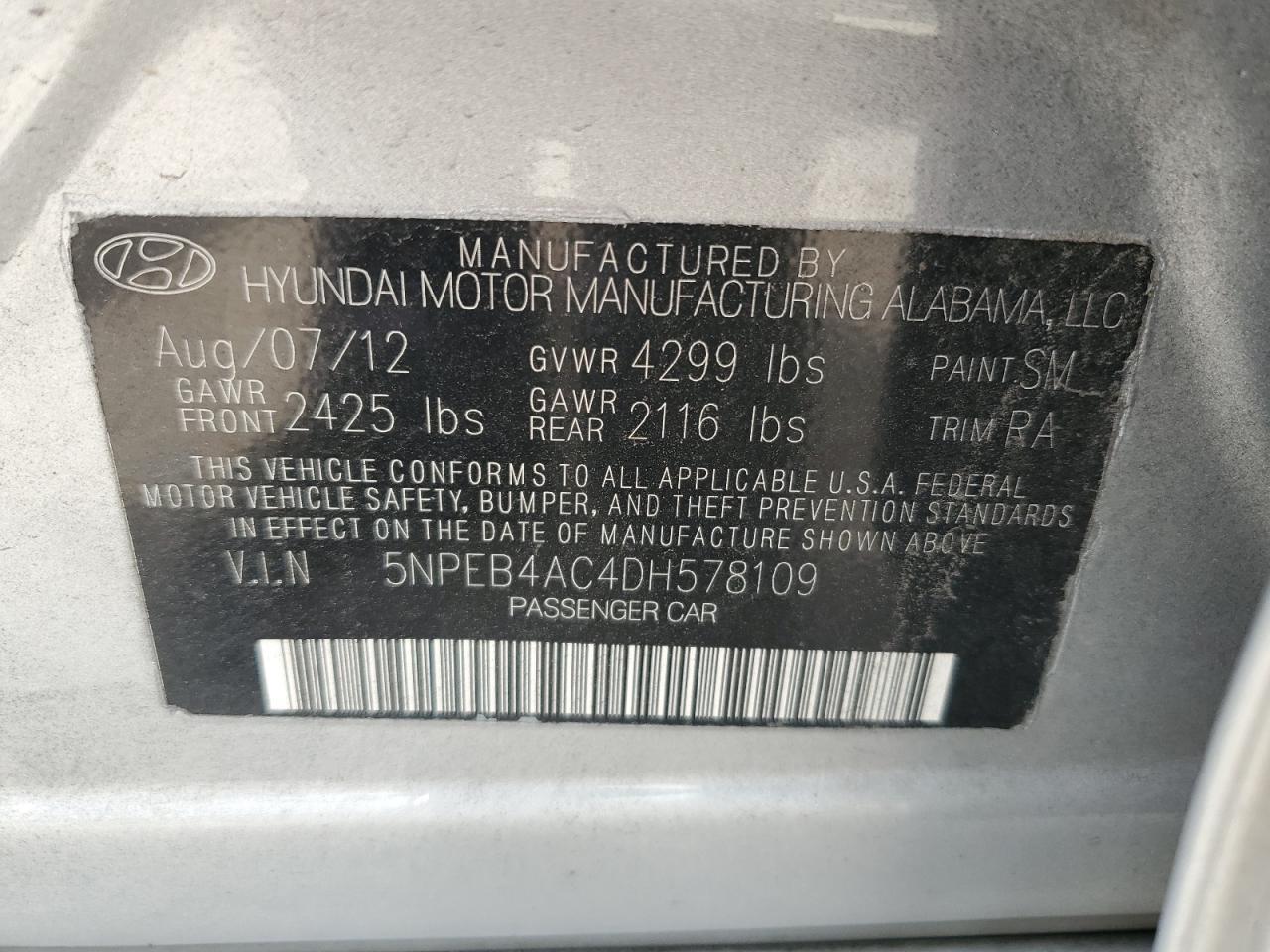 2013 Hyundai Sonata Gls VIN: 5NPEB4AC4DH578109 Lot: 47661545