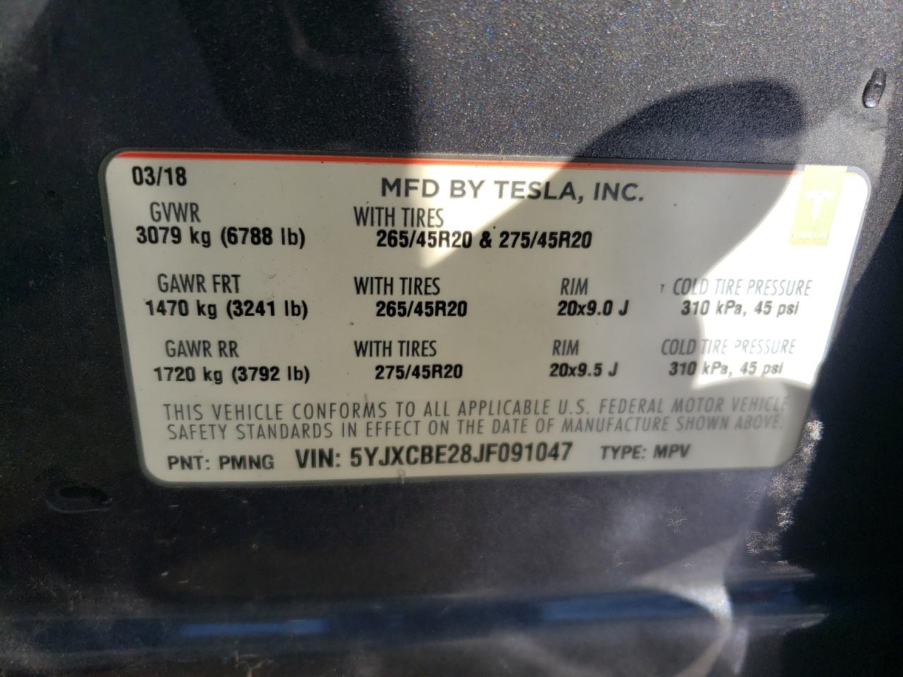 2018 Tesla Model X VIN: 5YJXCBE28JF091047 Lot: 44817815