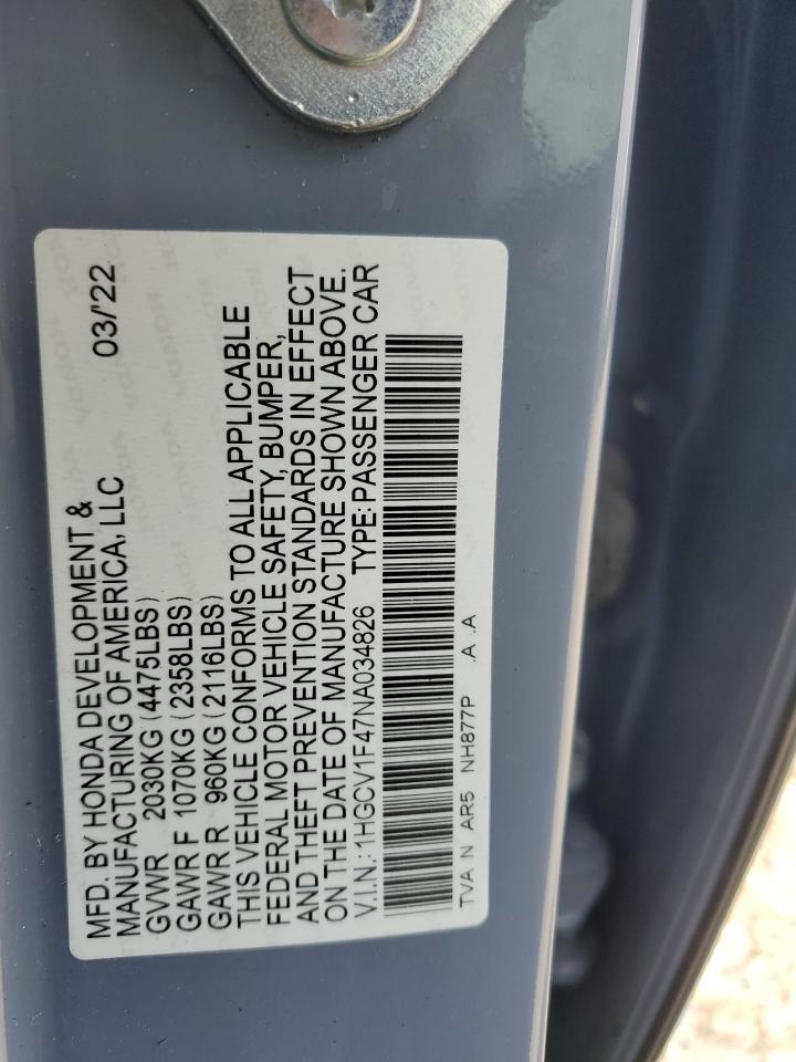 2022 Honda Accord Sport Se VIN: 1HGCV1F47NA034826 Lot: 46471575