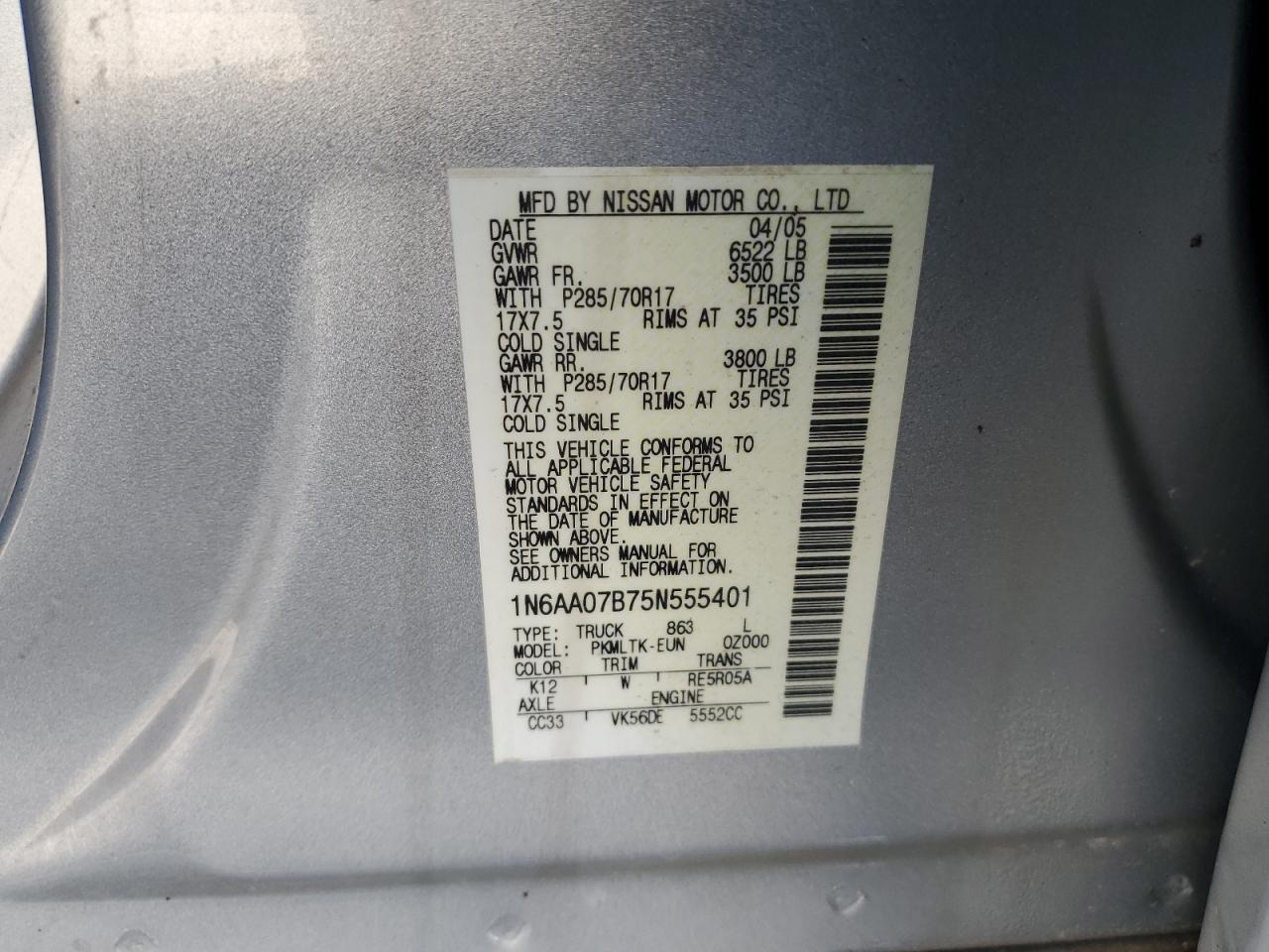 2005 Nissan Titan Xe VIN: 1N6AA07B75N555401 Lot: 46477665